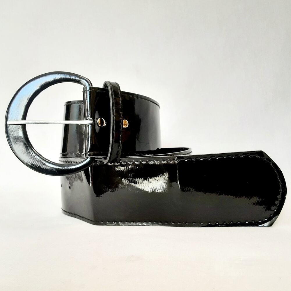Womens 80s Shiny Black Faux Patent Leather Wide Belt Size XXL Lightweight